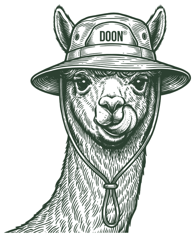 Logotipo de DOÓN: ilustración de una llama con gorro de pescador